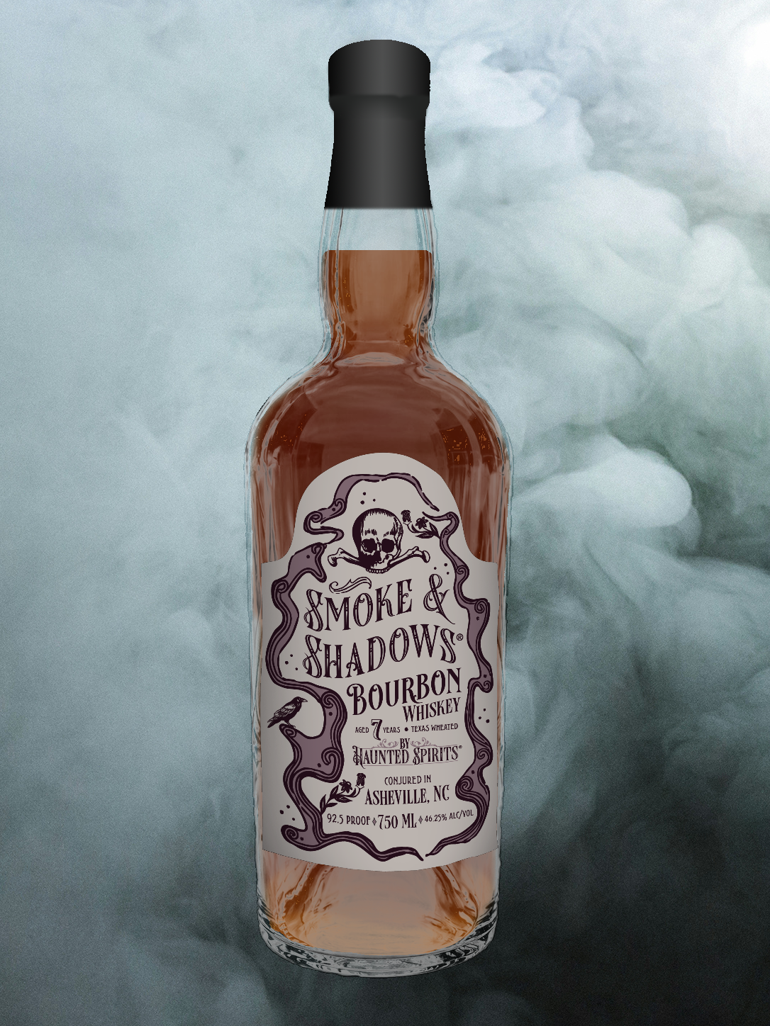 Smoke and Shadows brand Whiskey Bottle on a smokey background
